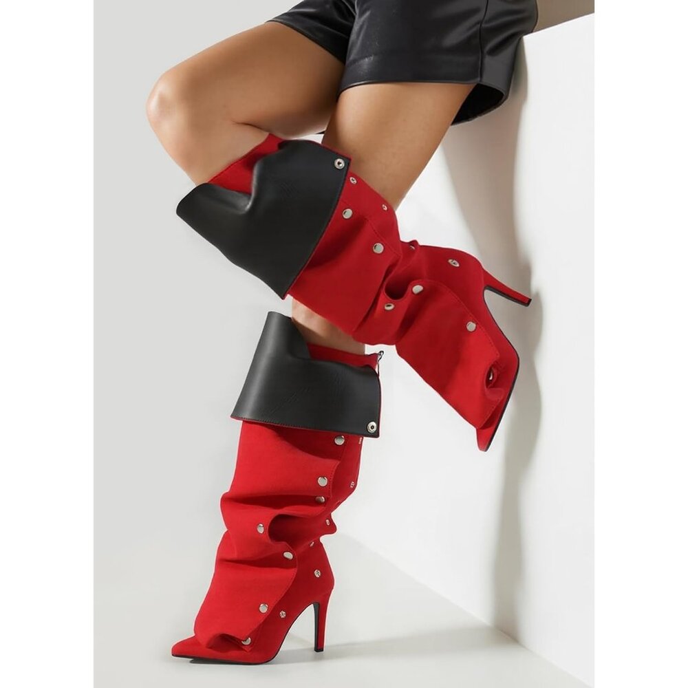 Women's Retro Red Detachable Snap Off Pointed Toe Shark Knee High Heels Boots - Picture 2 of 7